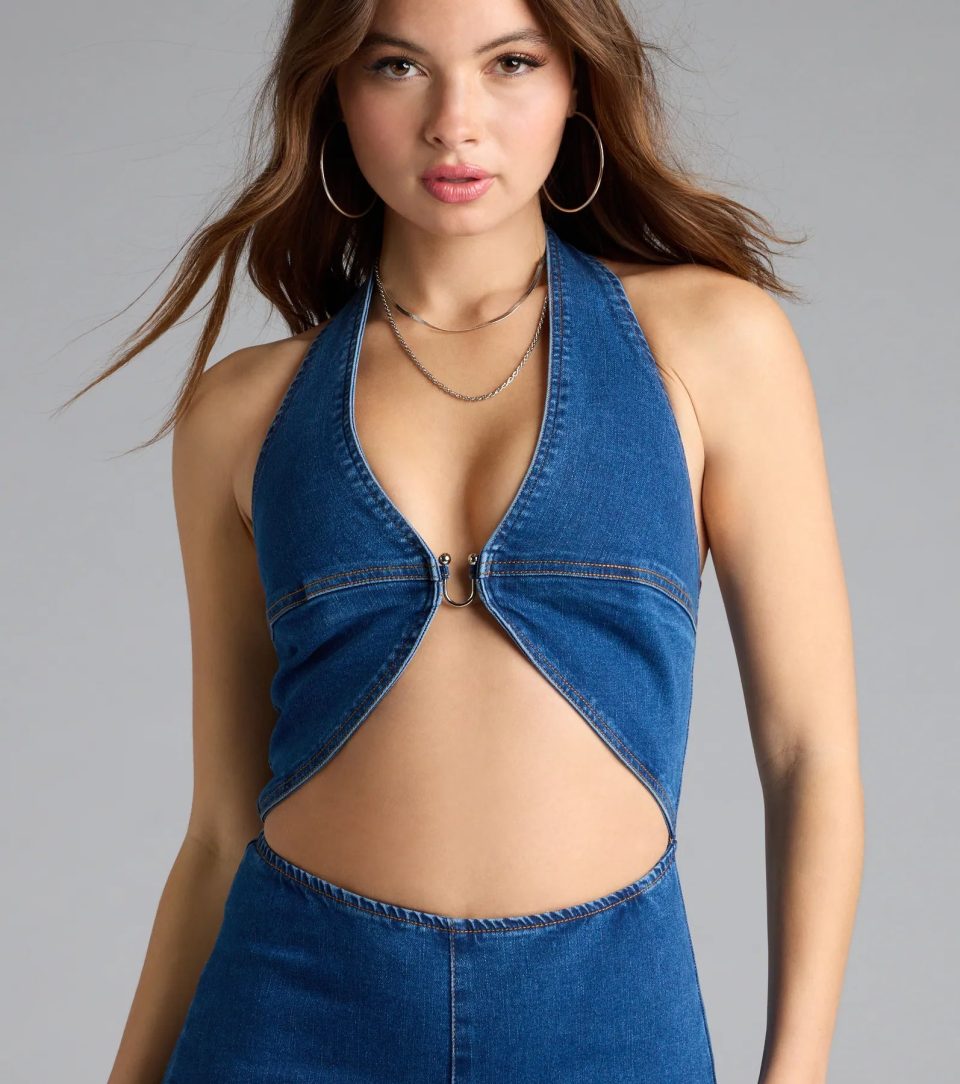 Season Premiere Halter Cutout Denim Jumpsuit